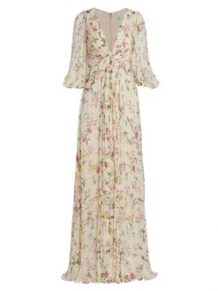 ML Monique Lhuillier Floral Chiffon Cut-Out Gown