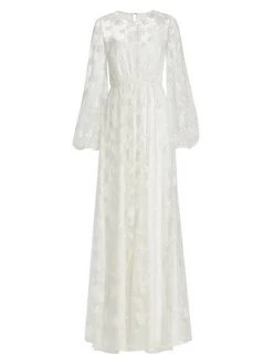 ML Monique Lhuillier Embroidered Tulle Long-Sleeve Gown