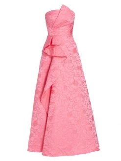ML Monique Lhuillier Strapless Jacquard Ruffle Gown