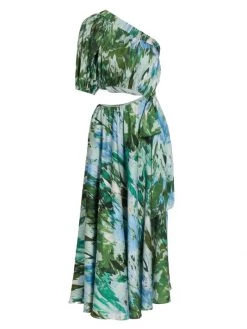 ML Monique Lhuillier Satin One-Shoulder Cutout Midi-Dress