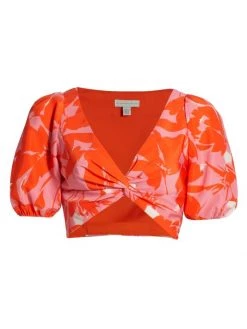 ML Monique Lhuillier Printed Taffeta Crop Top