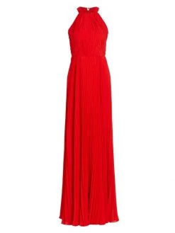 ML Monique Lhuillier Pleated Chiffon Cutout Halter Gown