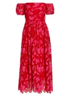 ML Monique Lhuillier Off-The-Shoulder Two-Tone Lace Calf-Length Fit-&-Flare Midi-Dress