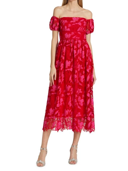 ML Monique Lhuillier Off-The-Shoulder Two-Tone Lace Calf-Length Fit-&-Flare Midi-Dress 5 ML Monique Lhuillier Off-The-Shoulder Two-Tone Lace Calf-Length Fit-&-Flare Midi-Dress - Image 3