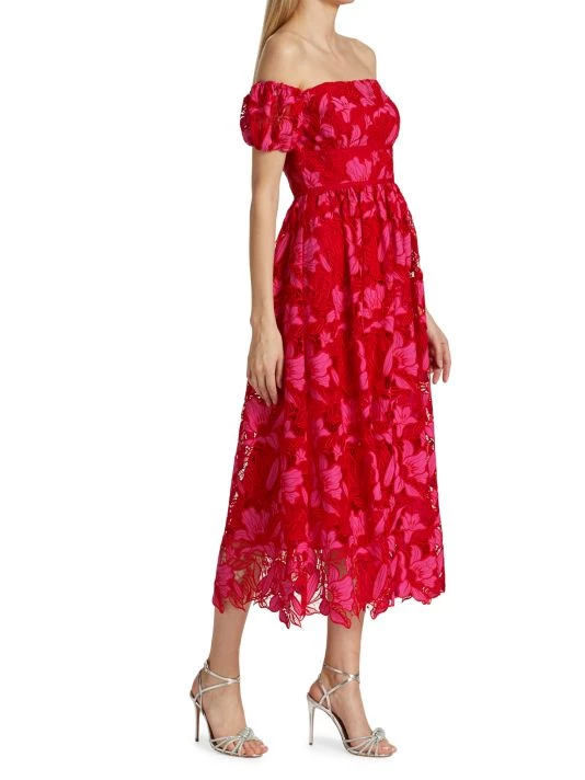 ML Monique Lhuillier Off-The-Shoulder Two-Tone Lace Calf-Length Fit-&-Flare Midi-Dress 6 ML Monique Lhuillier Off-The-Shoulder Two-Tone Lace Calf-Length Fit-&-Flare Midi-Dress - Image 4