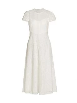 ML Monique Lhuillier Lace Cap-Sleeve A-Line Midi Dress