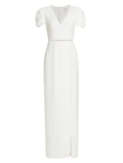 ML Monique Lhuillier Draped-Sleeve Crepe Gown