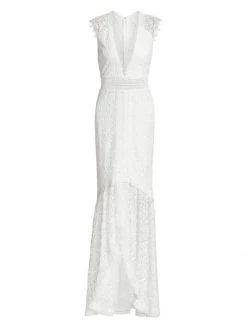ML Monique Lhuillier Plunging High-Low Lace Gown