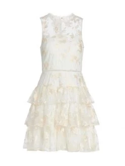 ML Monique Lhuillier Floral-Embroidery Tiered Cocktail Dress
