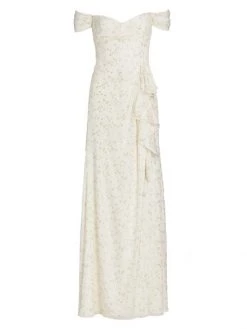 ML Monique Lhuillier Off-The-Shoulder Metallic Chiffon Gown