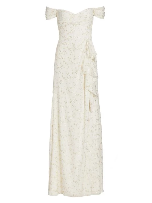 ML Monique Lhuillier Off-The-Shoulder Metallic Chiffon Gown 3 ML Monique Lhuillier Off-The-Shoulder Metallic Chiffon Gown