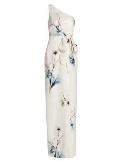 ML Monique Lhuillier Floral One-Shoulder Gown