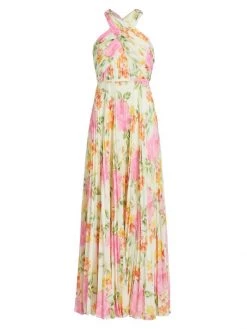 ML Monique Lhuillier Pleated Chiffon Maxi Dress