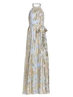 ML Monique Lhuillier Metallic Chiffon Maxi Dress