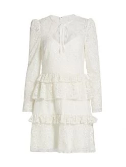 ML Monique Lhuillier Tie-Neck Lace Dress White