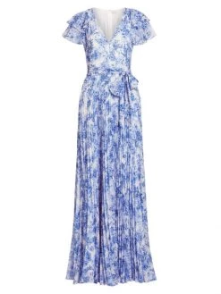 ML Monique Lhuillier Flutter Sleeve Pleated Maxi Dress Navy Porcelain