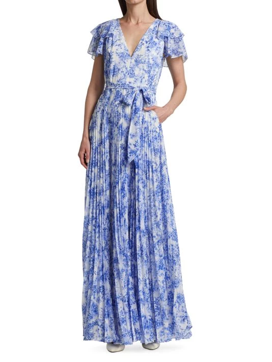 ML Monique Lhuillier Flutter Sleeve Pleated Maxi Dress Navy Porcelain 4 ML Monique Lhuillier Flutter Sleeve Pleated Maxi Dress Navy Porcelain - Image 2