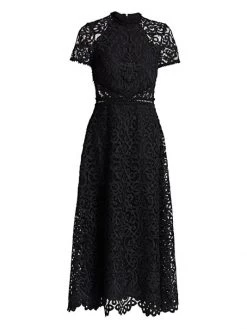ML Monique Lhuillier Lace Short-Sleeve A-Line Midi Dress