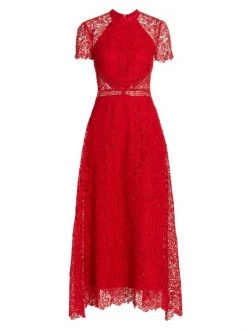 ML Monique Lhuillier Short-Sleeve Midi Dress Cherry
