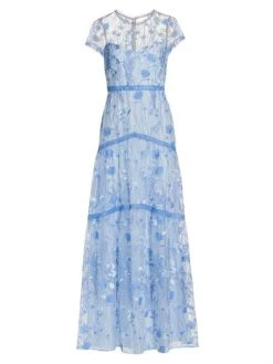 ML Monique Lhuillier Floral Embroidered Mesh Gown Navy Multi