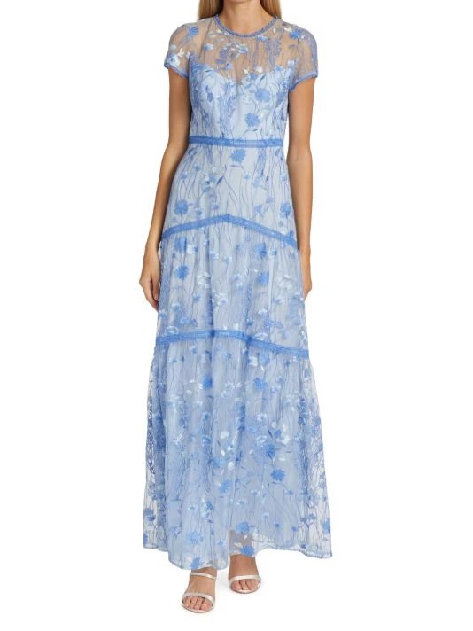 ML Monique Lhuillier Floral Embroidered Mesh Gown Navy Multi 4 ML Monique Lhuillier Floral Embroidered Mesh Gown Navy Multi - Image 2