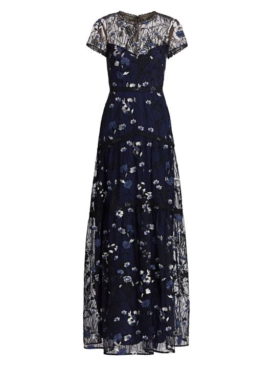 ML Monique Lhuillier Floral Embroidered Mesh Gown Navy Multi 5 ML Monique Lhuillier Floral Embroidered Mesh Gown Navy Multi - Image 3