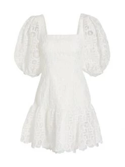 ML Monique Lhuillier Lace Puff-Sleeve Organza Minidress