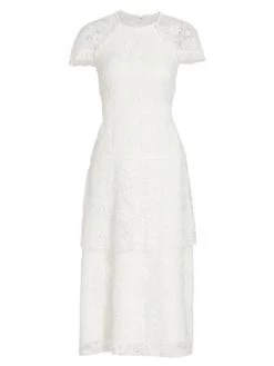 ML Monique Lhuillier Lace Cap-Sleeve Midi-Dress