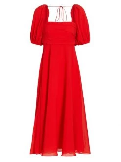 ML Monique Lhuillier Chiffon Puff-Sleeve Midi-Dress