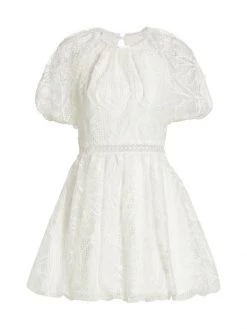 ML Monique Lhuillier Lace Puff-Sleeve Mini Dress