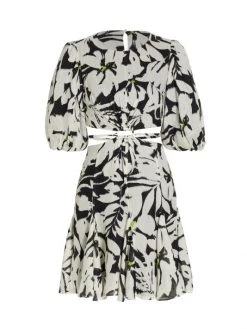 ML Monique Lhuillier Cutout Puff-Sleeve Linen Minidress