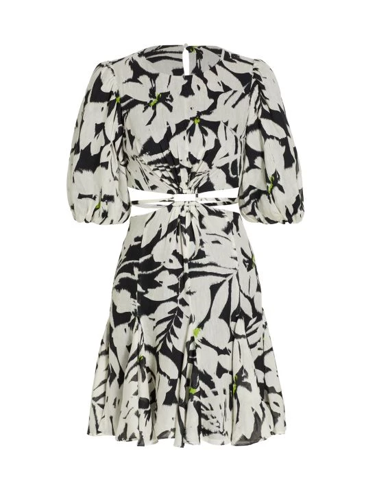 ML Monique Lhuillier Cutout Puff-Sleeve Linen Minidress 3 ML Monique Lhuillier Cutout Puff-Sleeve Linen Minidress