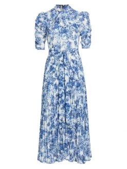 ML Monique Lhuillier Pleated Short-Sleeve Midi-Dress