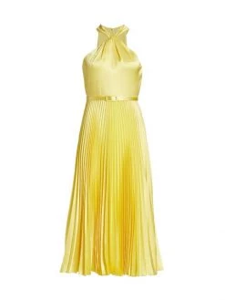 ML Monique Lhuillier Satin Halter Pleated Midi-Dress